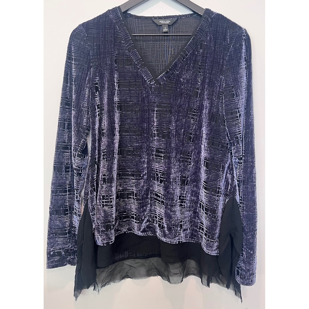 VERA WANG Long Sleeve V Neck Velvet Feel Burn Out Blouse Women's‎ Size Small